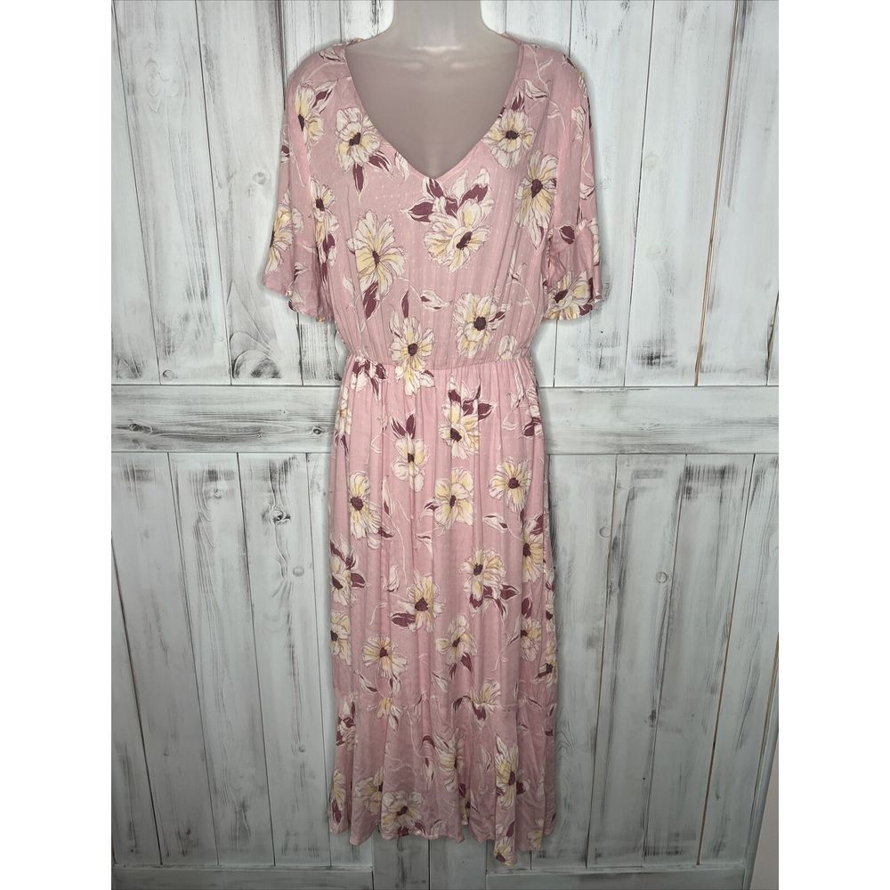 ALL IN FAVOR LIGHT PINK FLORAL HI LO RUFFLE ELASTIC WAIST AIRY BOHO MAXI DRESS M